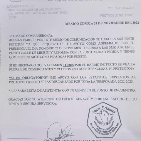 Oficio enviado a los comerciantes de Tepito