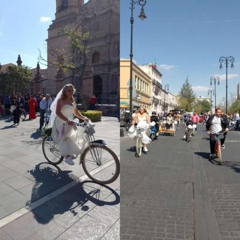 ¡Muy original! Novios en Aguascalientes llegan en bicicleta a la iglesia 