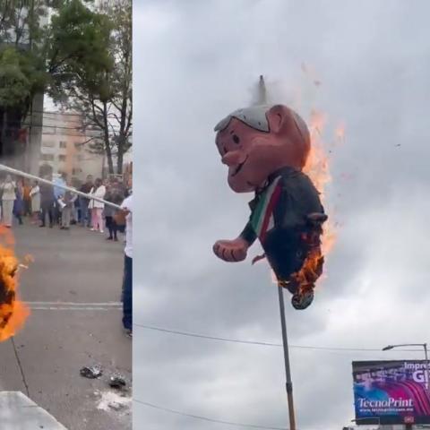 Queman piñata de AMLO en protesta por posible desaparición de fideicomisos del Poder Judicial