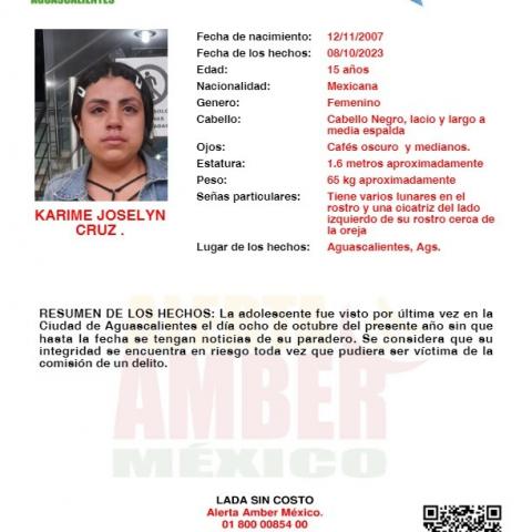  Emiten Alerta Amber para localizar a Karime Joselyn Cruz