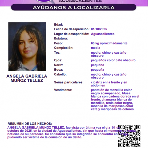 Ángela, adolescente desaparecida en Aguascalientes